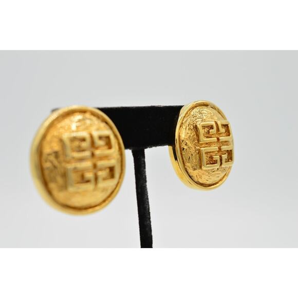 Givenchy Vintage Puffy Logo Clip On Earrings Gold 4G Chunky Parfums Signed Bin1 - Picture 5 of 12
